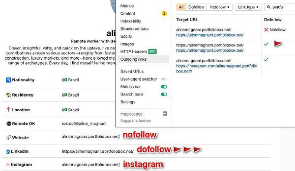 The image displays a screenshot of a web interface showing the status of various links related to a LinkedIn profile.