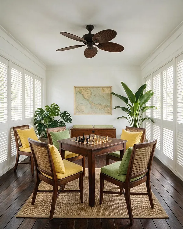 A bright tropical-style game room with dark wood floors, white plantation shutters, and a ceiling fan with leaf-shaped blades. Four cane-back chairs with yellow and green cushions surround a wooden chess table, while large tropical plants and a framed map add warmth and character.