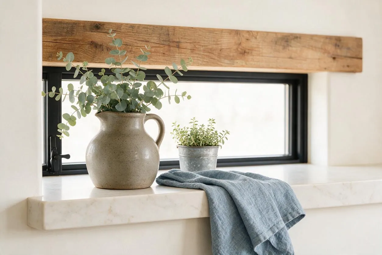 A farmhouse-style window ledge vignette with a black-framed window under a reclaimed wood beam. A stoneware pitcher filled with eucalyptus sits beside a small galvanized metal pot of greenery, with a soft blue-gray linen cloth draped over a light marble or quartz sill.