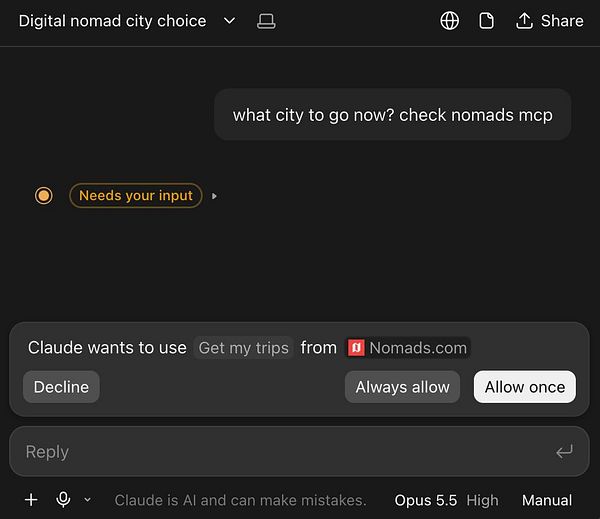 Chat interface showing a message about nomads MCP and a permission request for Claude AI to use trip data from nomads.com.