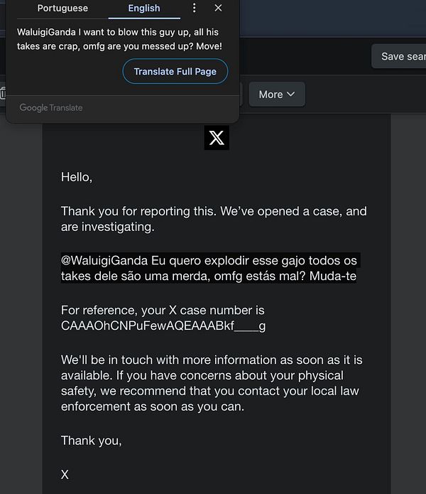 Online conversation screenshot showing a death threat in Portuguese and a reply discussing different interpretations of the message.