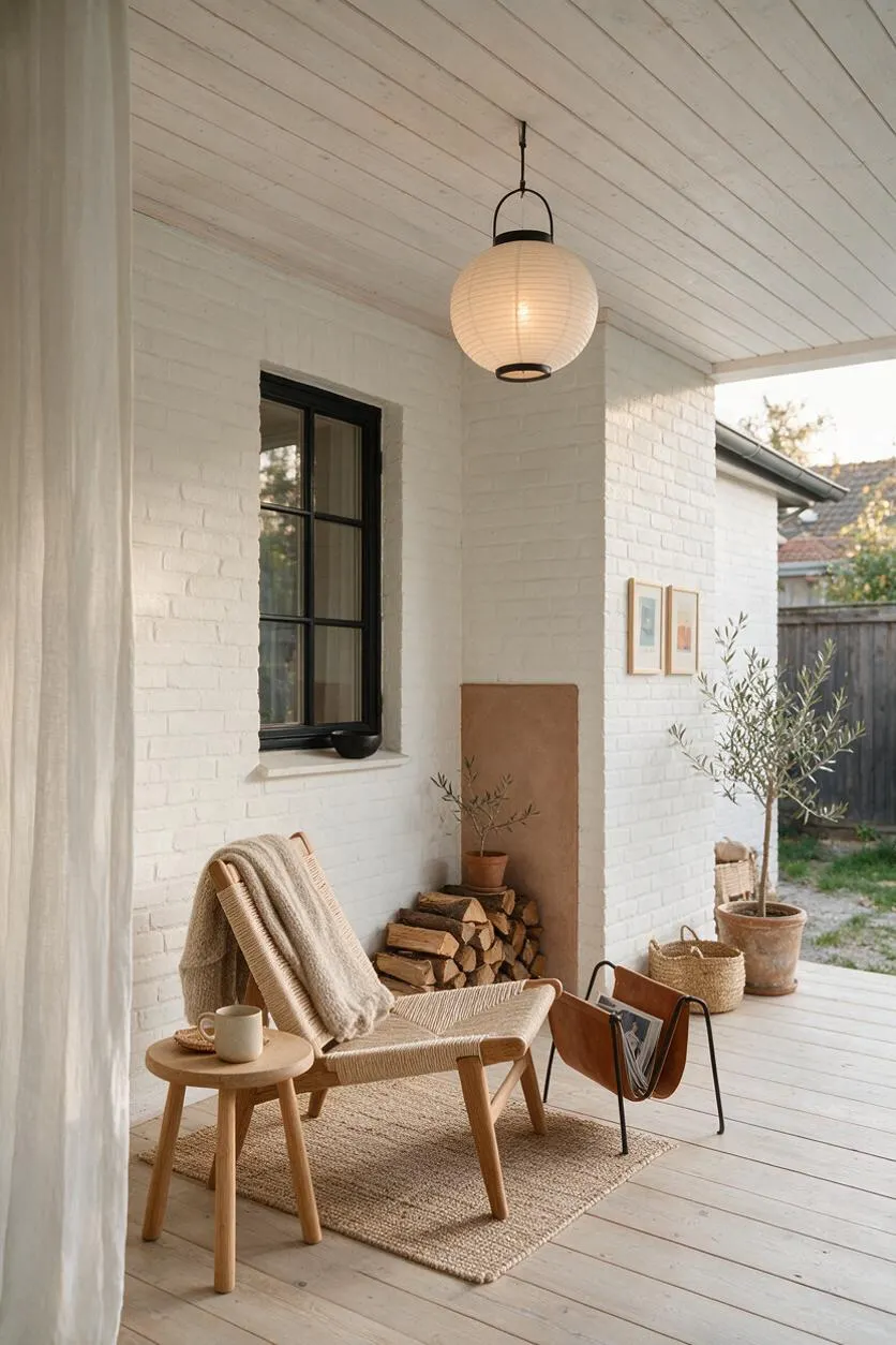 A serene Scandinavian-style backyard porch with white painted brick walls, a pale wood ceiling, and a woven lounge chair with a beige throw. A small round wooden side table, hanging paper lantern, potted olive tree, stacked firewood, and natural fiber rug add warmth and texture.