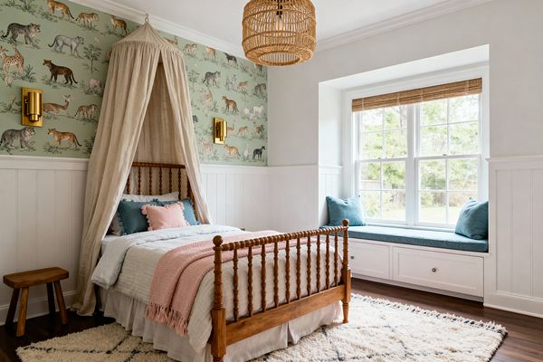 A bright kids’ room features a honey-toned spindle bed beneath a natural linen canopy set against sage wallpaper patterned with animals. White vertical wainscoting wraps the walls, flanked by two brass cylinder sconces and a woven rattan ceiling pendant. A built-in window seat with white drawers, teal cushion, and bamboo roman shade sits by large multi-pane windows. Layered white bedding, a blush throw, and teal and pink pillows top the bed, with a cream diamond shag rug over dark hardwood floors.