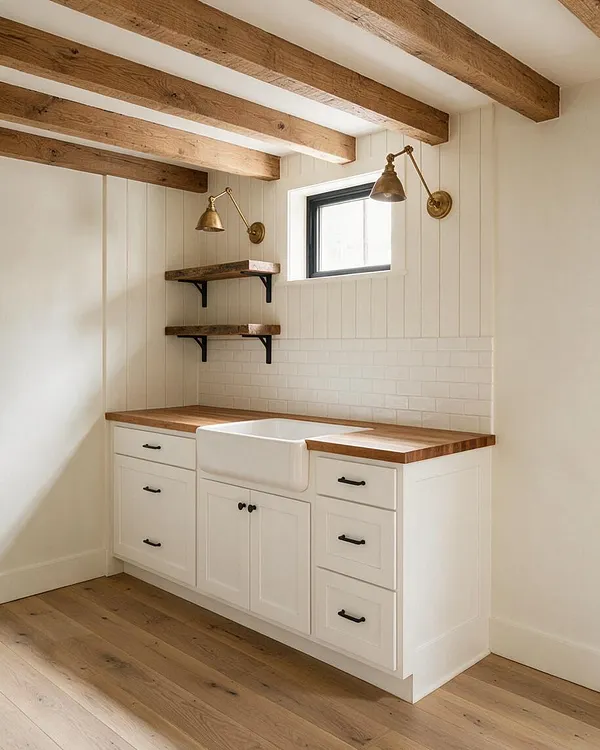 A farmhouse-style basement laundry room with exposed wood ceiling beams, white vertical panel walls, and a white shiplap-style backsplash. The space includes a white sink cabinet with a wood countertop, black hardware, brass wall sconces, open wood shelves, and warm hardwood flooring.
