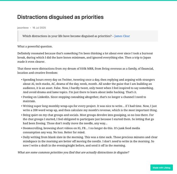 The image features a blog post discussing distractions that masquerade as priorities in life.