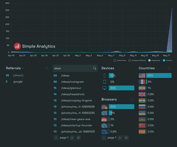 The image displays analytics data for website traffic, highlighting referrals, devices, countries, and specific page views.