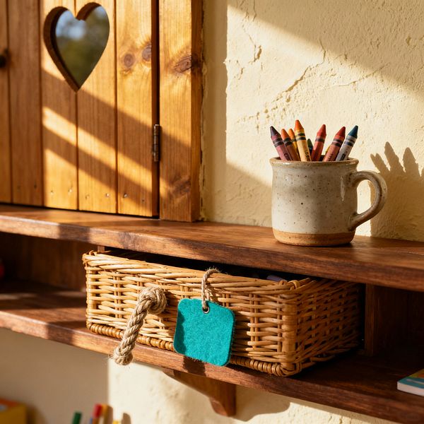 Close-up of a rustic kids’ room wall with dark-stained wooden shelves beneath a knotty pine cabinet door featuring a heart-shaped cutout. On the upper shelf sits a speckled stoneware mug filled with crayons. A woven rattan basket with a thick rope pull and teal felt tag slides into the lower shelf. Warm afternoon light casts soft shadows across a lightly textured cream plaster wall.
