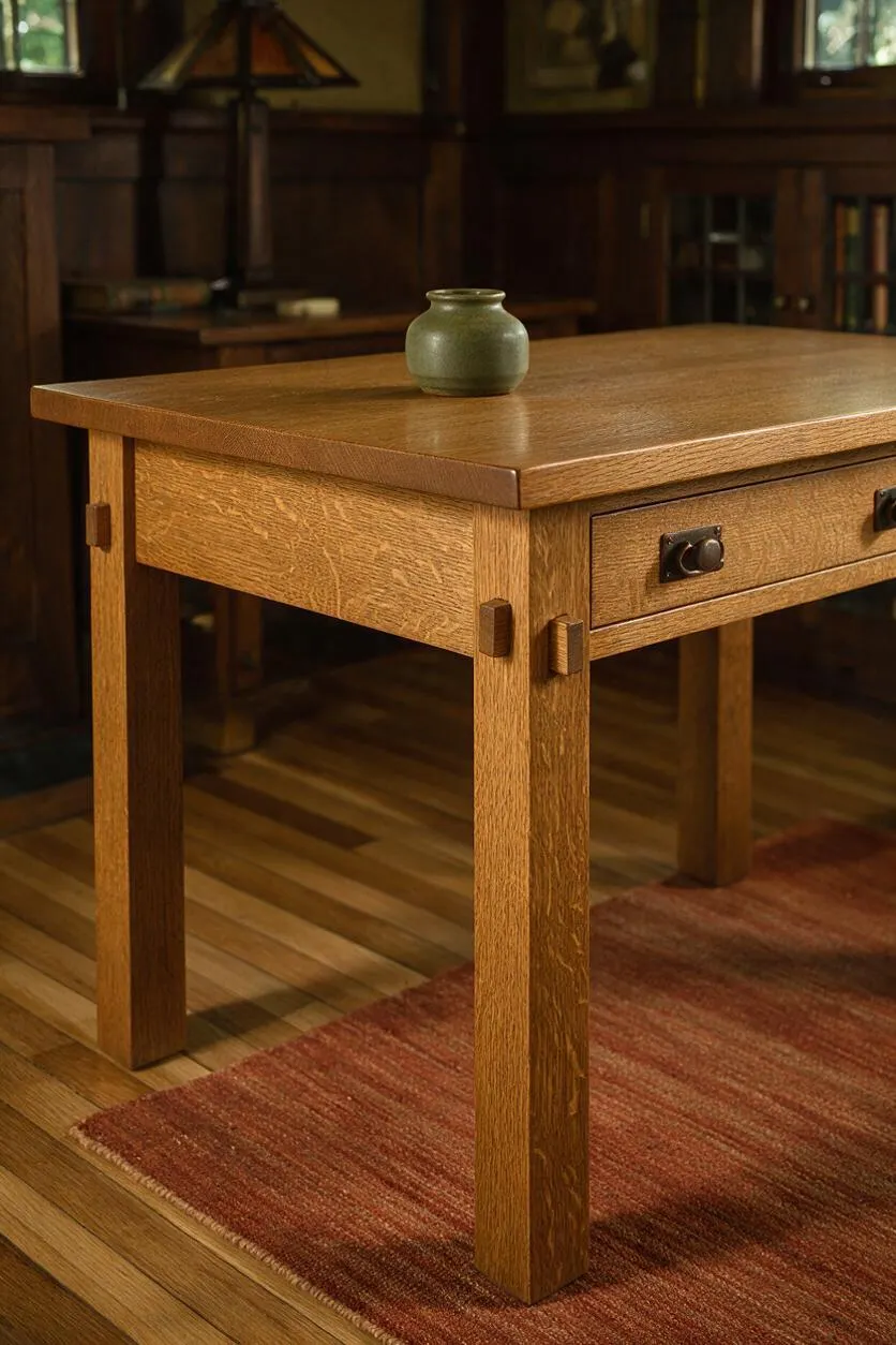 A compact Craftsman-style wooden table with a thick rectangular top, straight legs, and exposed joinery sits on a striped rug. A small matte ceramic vase rests on the tabletop, while dark wood cabinetry and warm ambient lighting create a rich, traditional backdrop.