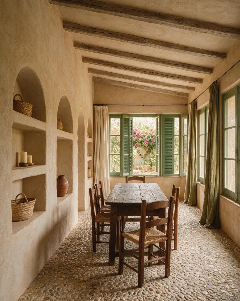 A long Mediterranean-style sunroom with textured beige plaster walls, exposed wood ceiling beams, and a pebble stone floor. A rustic wooden table with woven-seat chairs sits beside built-in arched niches filled with baskets, candles, and pottery, while green-shuttered windows and soft drapery frame bright garden views.
