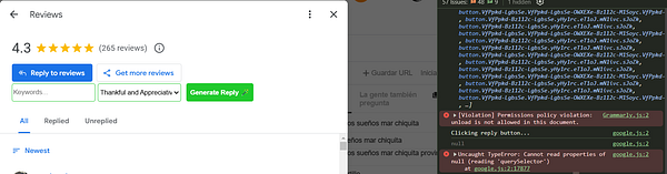 The image displays a Google Reviews interface alongside a console log showing errors related to a Chrome extension.
