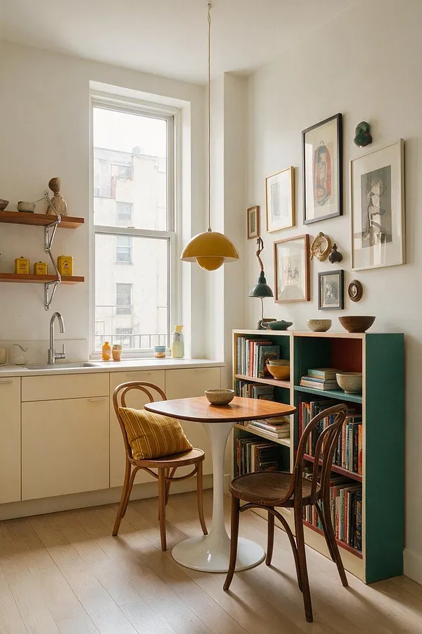 A bright eclectic kitchen with cream cabinets, a large window, and open wooden shelves above the sink. A small round table with mixed wooden chairs sits beside a colorful bookcase and a gallery wall of framed art, with a mustard-yellow pendant light hanging overhead.
