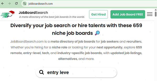 The image displays a webpage from JobBoardSearch.com, highlighting a directory of niche job boards.