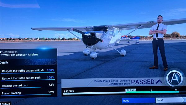 A virtual pilot stands next to a small airplane, celebrating the completion of a certification exam for a Private Pilot License.