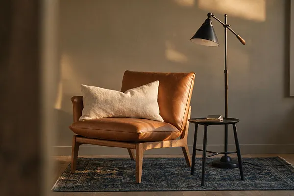 A cozy farmhouse-style vignette with a caramel leather lounge chair topped by a cream linen pillow, set beside a black metal floor lamp and a small round side table. The scene sits on a dark patterned area rug against a warm neutral wall with soft sunlight casting rectangular shadows.