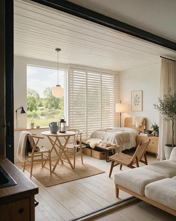 A bright Scandinavian-style backyard room with pale wood flooring, a white slatted ceiling, and large windows looking out to greenery. The space includes a small round dining table with woven chairs, a compact bed with neutral bedding, a floor lamp, a sofa with light upholstery, and natural decor accents.