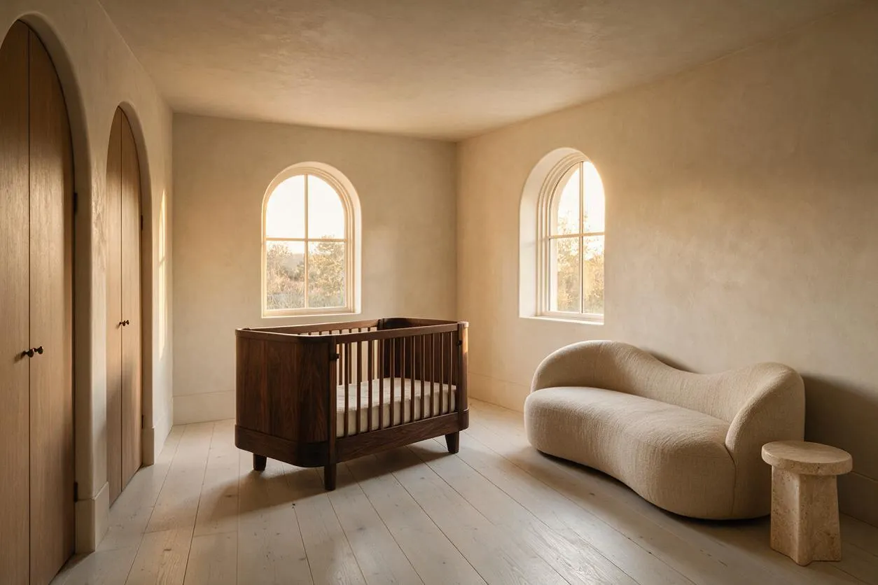 A warm, minimalist nursery with cream plaster walls, arched windows, and pale wood plank floors. A dark wood crib sits centered in the room, while a curved beige upholstered chair and a small stone side table create a soft, organic seating area.