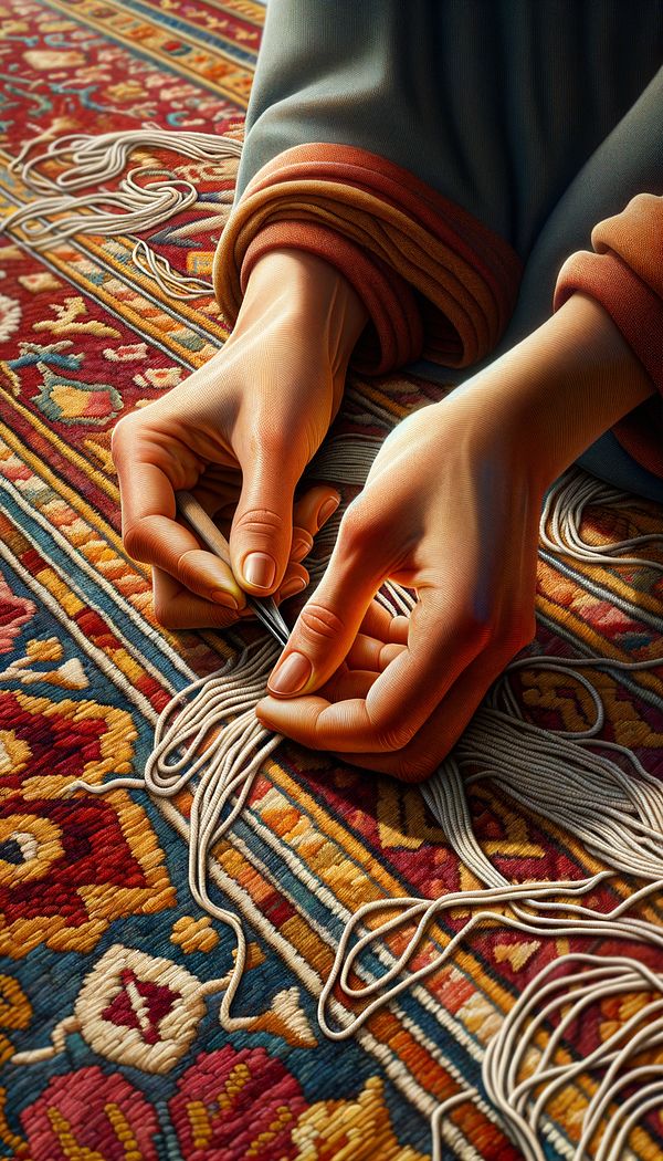 A close-up image of skilled hands meticulously tying knots on a richly colored rug, showcasing the precision and craftsmanship involved in hand tying.