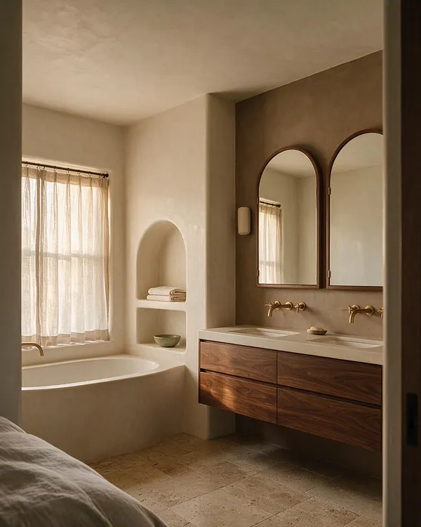 A serene master bathroom with a warm neutral palette, featuring a freestanding tub beside a window with sheer curtains, a built-in arched shelf, and a floating walnut vanity with a light stone countertop. Two arched mirrors and brass wall-mounted faucets add elegance, while natural stone tile flooring and soft sunlight create a calm, spa-like atmosphere.
