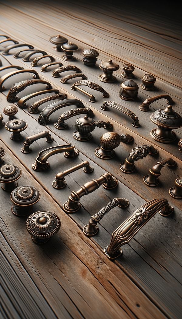 a selection of antique bronze drop handles displayed against a light wooden background, showcasing various designs and sizes