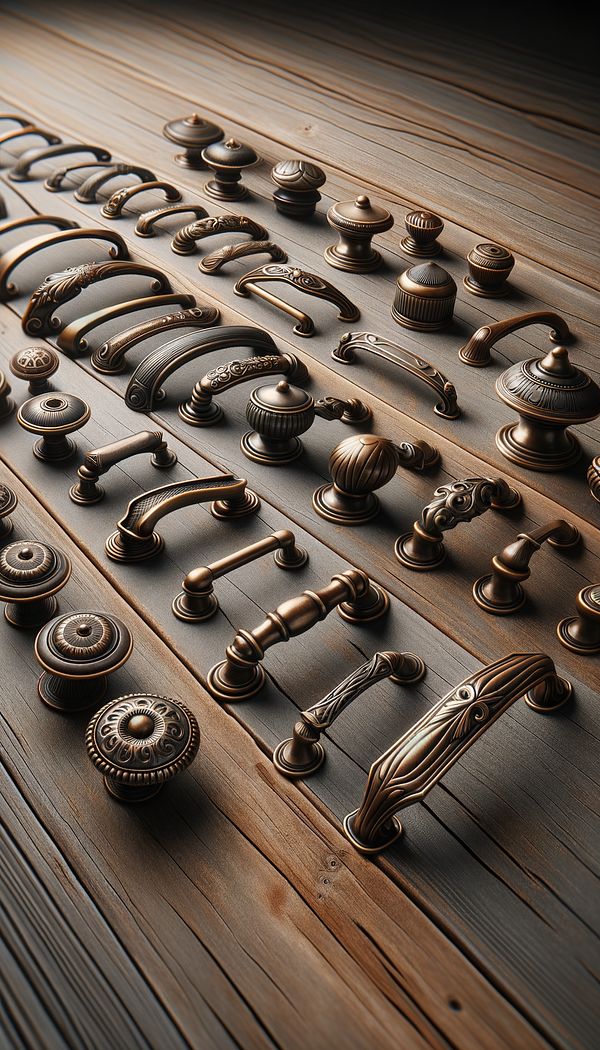 a selection of antique bronze drop handles displayed against a light wooden background, showcasing various designs and sizes