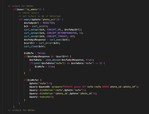 The image displays a code snippet for checking NSFW content using an API.