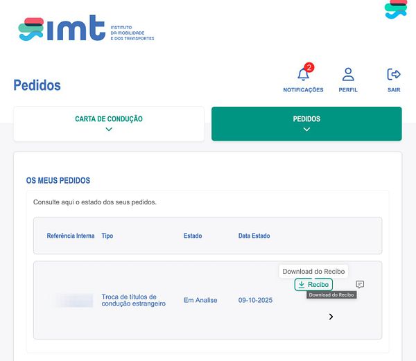 The image displays a user interface from the IMT website showing the status of a driving license transfer request.