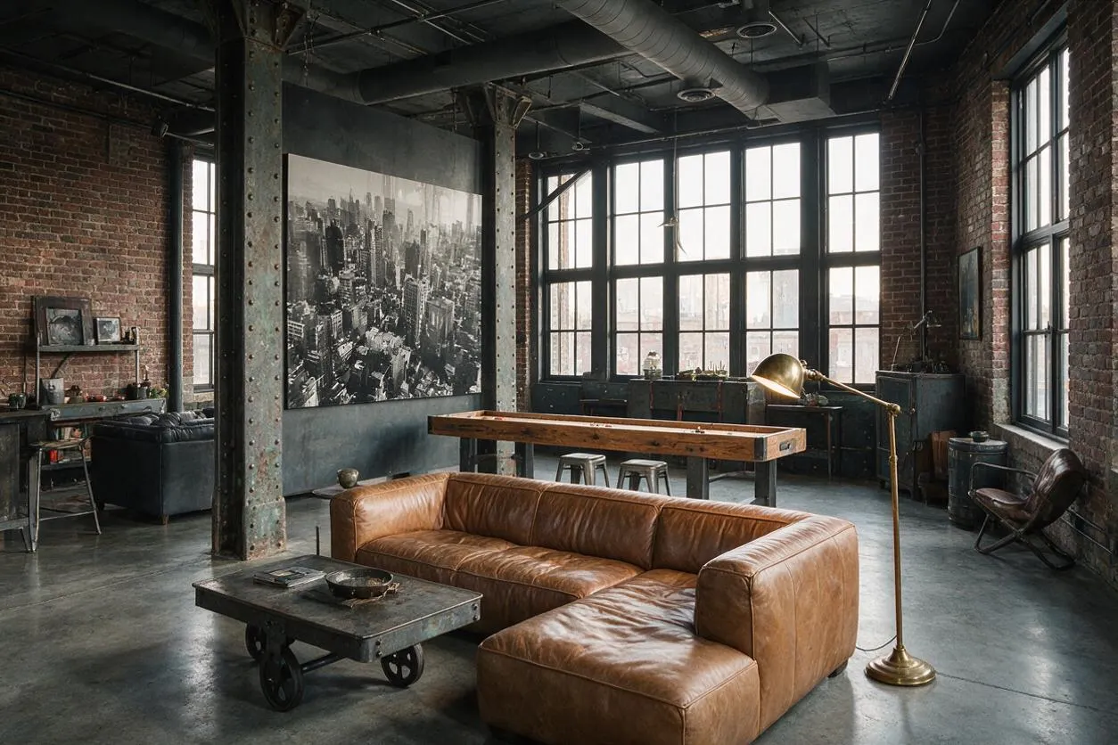 A spacious industrial game room with exposed brick walls, black steel-framed windows, and visible ductwork overhead. A tan leather sectional sits on the concrete floor beside a low metal coffee table, a long wood-and-metal game table, and vintage-style seating, with a large black-and-white city photo as the focal art piece.