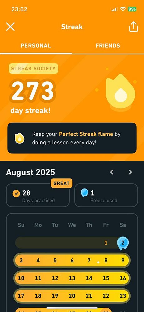 The image displays a Duolingo app interface showcasing a 273-day streak in language learning.