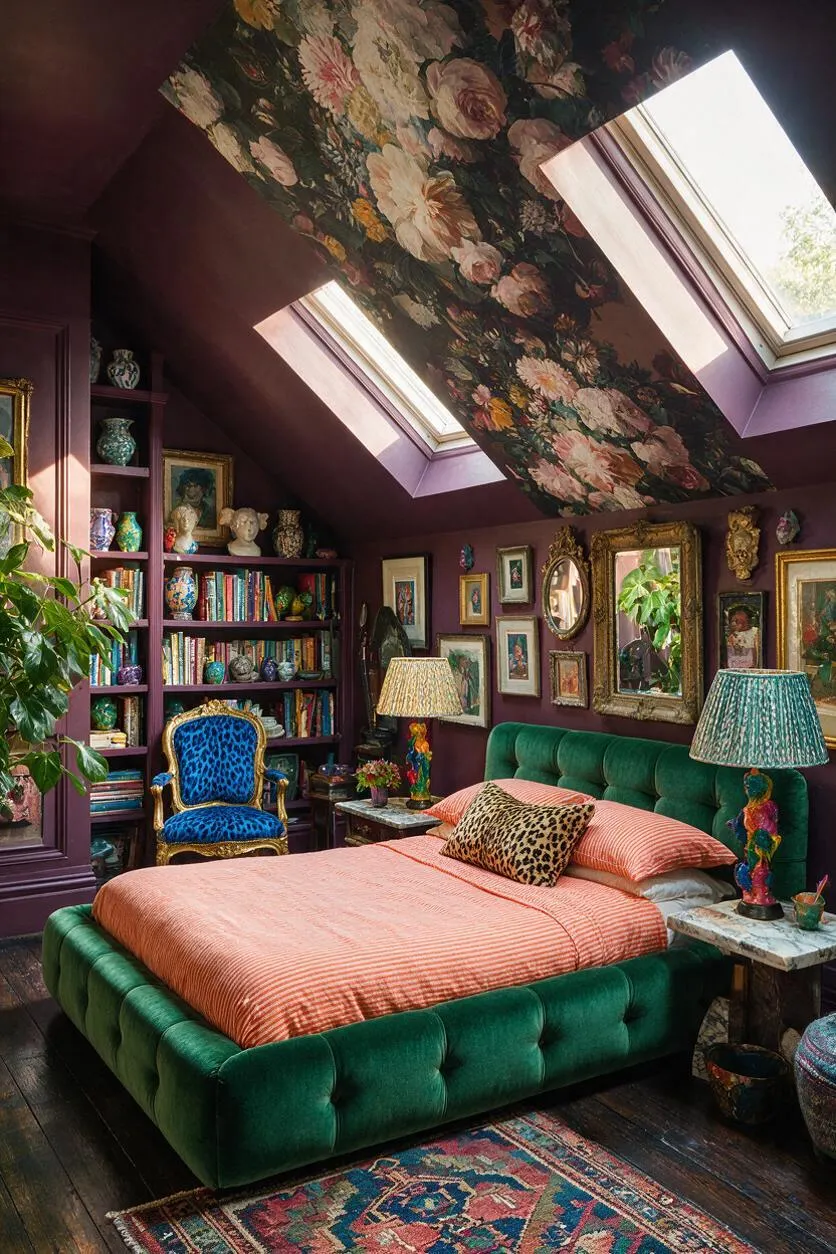 A richly decorated master bedroom with deep plum walls, a green velvet bed, coral bedding, and a floral-painted sloped ceiling with skylights. The room is filled with framed artwork, bookshelves, patterned rugs, and colorful decorative objects, creating a layered maximalist look.