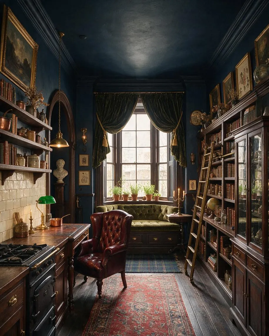 A narrow Dark Academia kitchen with deep blue walls, dark wood cabinetry, and a vintage leather chair centered on layered rugs. Built-in bookshelves, brass accents, a bay window with dark green drapes, and potted herbs create an old-world scholarly atmosphere.