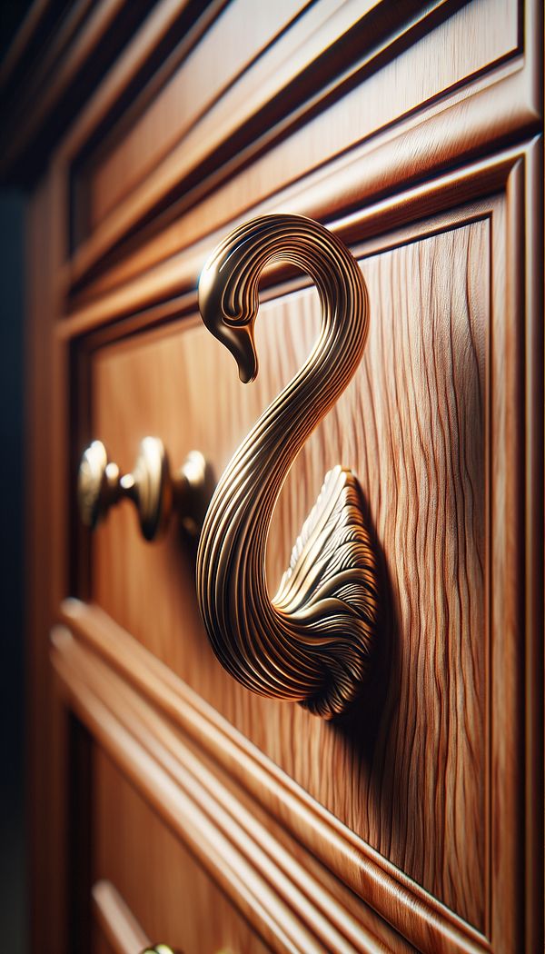 A detailed image of a swan-neck handle made of brass, affixed to a wooden cabinet door, showcasing its elegant curve and sophisticated design.