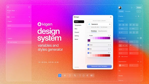 The image displays the Kigen design system interface, showcasing a color selection tool within a Figma plugin.