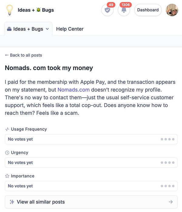 A user expresses frustration about a transaction issue with Nomads.com on a feedback platform.