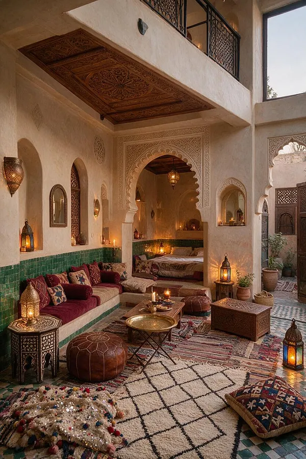 A Moroccan-style studio apartment with cream plaster walls, carved arches, and a mezzanine ceiling panel in dark wood. The space includes low burgundy seating, green tile accents, patterned rugs, leather poufs, brass trays, and glowing lanterns that create a warm, intimate atmosphere.