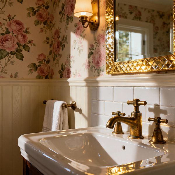 A traditional bathroom vignette features a white porcelain sink with an aged-brass widespread faucet beneath a gold, diamond-pattern framed mirror. A brass wall sconce with a tapered cream shade casts warm light. Glossy white ceramic subway tiles form the backsplash above cream beadboard wainscoting, which transitions to rose-print wallpaper in blush and green. A matching brass towel bar holds a white hand towel, with daylight reflecting softly in the mirror.
