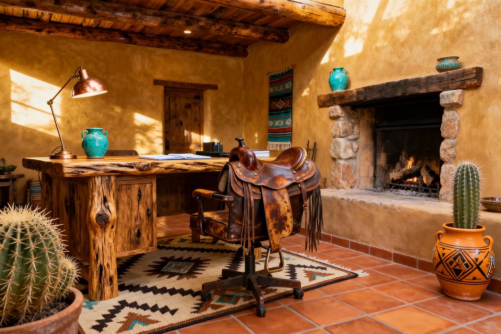 A Southwestern home office with warm stucco walls and terracotta tile flooring. A substantial live-edge wooden desk holds a copper task lamp and turquoise pottery, while a rolling office chair is fitted with a worn leather saddle. A geometric Navajo-style rug lies beneath the desk. To the right, a stone fireplace with a thick wood mantel burns, flanked by potted cacti and an orange clay vessel. Exposed log beams and wood ceiling planks complete the rustic setting.