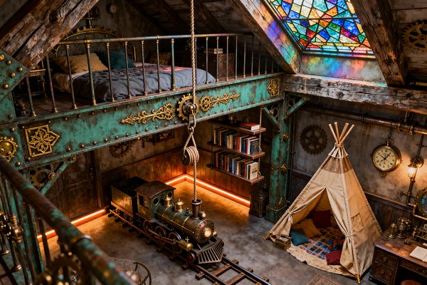Atmospheric children’s room styled in steampunk with a mezzanine bed enclosed by brass railings above patinated turquoise beams detailed with gold scrollwork and gears. On the ground level, a small metal locomotive on rails runs past floating bookshelves, a canvas teepee with colorful pillows, and a vintage desk with gauges and Edison bulbs; weathered wood, exposed pipes, wall clocks, and a multicolored stained-glass skylight wash the concrete floor with warm amber light and jewel-toned reflections.
