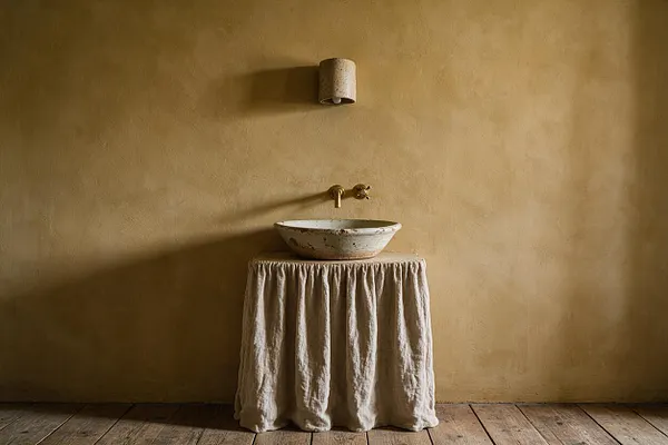 A serene powder room with a textured ochre plaster wall, a small cylindrical wall light above a simple brass faucet, and a shallow handcrafted stone basin set on a skirted pedestal draped in natural linen. Wide wooden floorboards add warmth and emphasize the room’s muted, organic Wabi-Sabi character.
