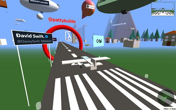 A virtual landscape featuring a runway, a small airplane, and various floating advertisements and structures.