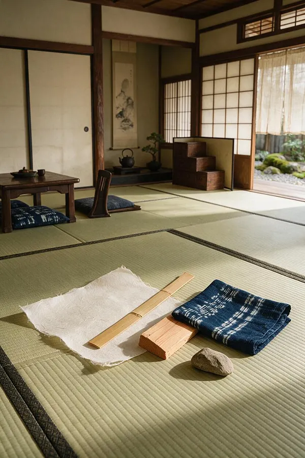 A traditional Japanese room with tatami mat flooring, shoji screens, and dark wood trim. On the floor are arranged natural materials including a sheet of handmade paper, a bamboo strip, a small wood block, a folded indigo cloth, and a stone, all lit by soft daylight from an open doorway.