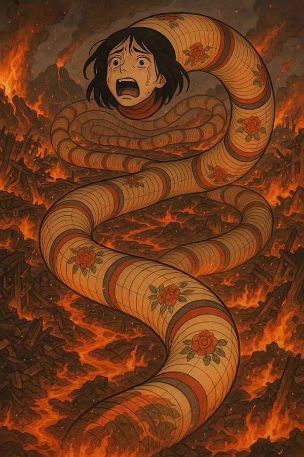 A girl transforms into a large, patterned worm amidst a fiery landscape of destruction.