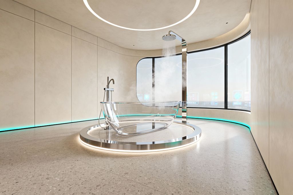 A minimalist, curved bathroom centers on a transparent bathtub set on a raised stainless-steel ring with a soft LED glow, paired with a column-mounted rainfall shower releasing steam. Smooth beige wall panels and a light terrazzo floor frame a panoramic window with rounded corners and faint digital interface graphics, while cyan perimeter lighting and a large circular ceiling light underscore the room’s clean lines and futuristic aesthetic.