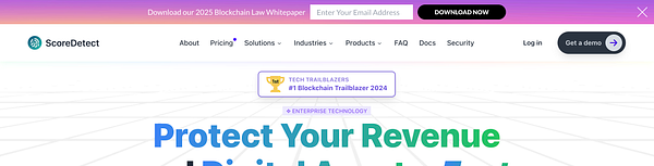 The image displays the ScoreDetect website's pricing page with a focus on a prominent banner and navigation elements.