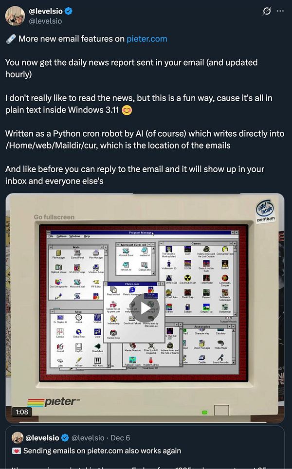A retro computer interface displaying a Windows 3.11 desktop with various application icons and a video player.