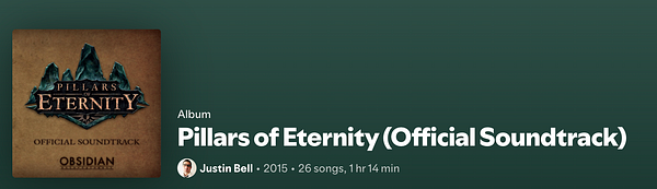 The image displays the album cover and details for the 'Pillars of Eternity' official soundtrack.