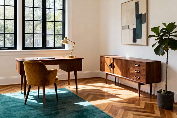 Bright home office with three tall black-trim windows illuminating a mid-century walnut desk and matching credenza, a mustard velvet chair on a deep teal rug, and herringbone oak floors. Brass lamp and pulls, abstract geometric art above the sideboard, and a potted fiddle-leaf fig stand against warm white walls.