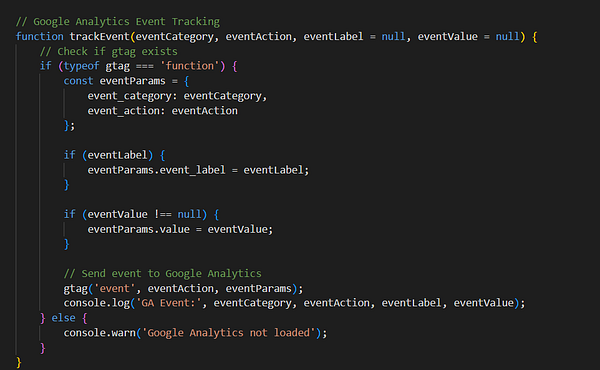 The image displays a code snippet for Google Analytics event tracking in JavaScript.