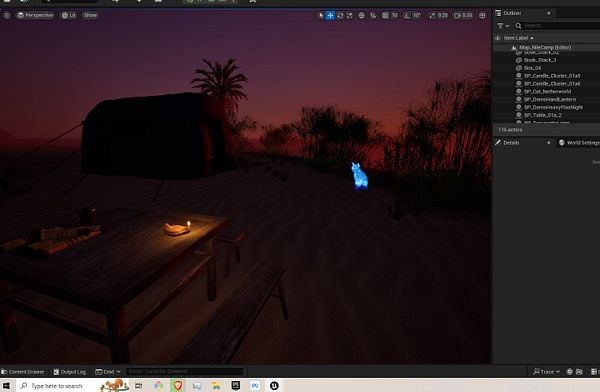 A nighttime scene of a camp setup in a desert environment with a glowing cat and a tent.