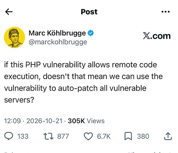 Tweet by Marc Köhlbrugge questioning if a PHP vulnerability enabling remote code execution can be used to auto-patch servers.