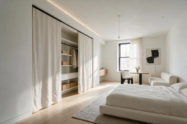 A bright minimalist bedroom with a closet hidden behind floor-length beige curtains. Inside the closet are white shelves, hanging clothes, and woven storage boxes, with warm wood flooring and natural light from a black-framed window.